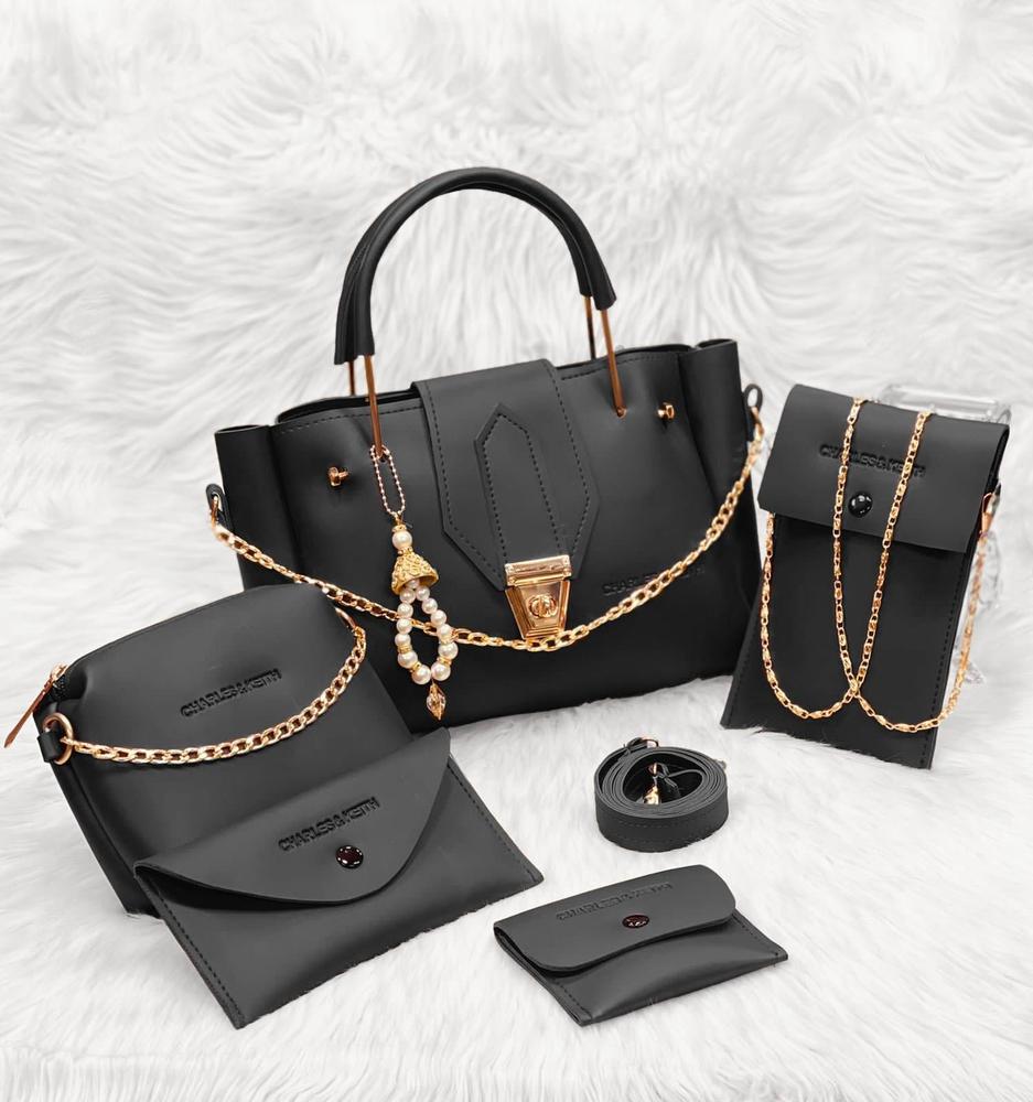 5 Pcs Women's PU Leather Plain Hand Bag Set