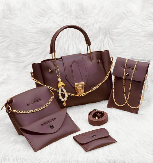 5 Pcs Women's PU Leather Plain Hand Bag Set