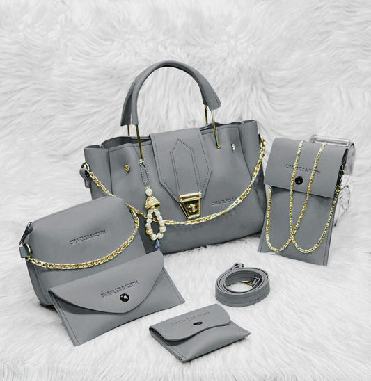 5 Pcs Women's PU Leather Plain Hand Bag Set