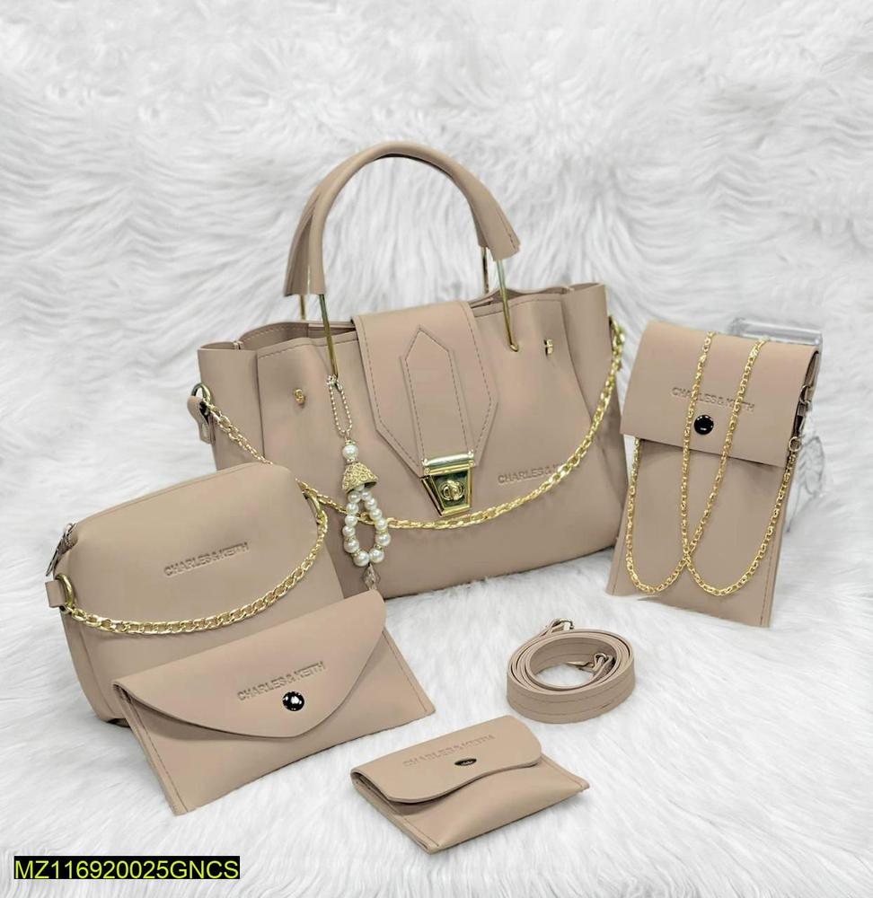 5 Pcs Women's PU Leather Plain Hand Bag Set